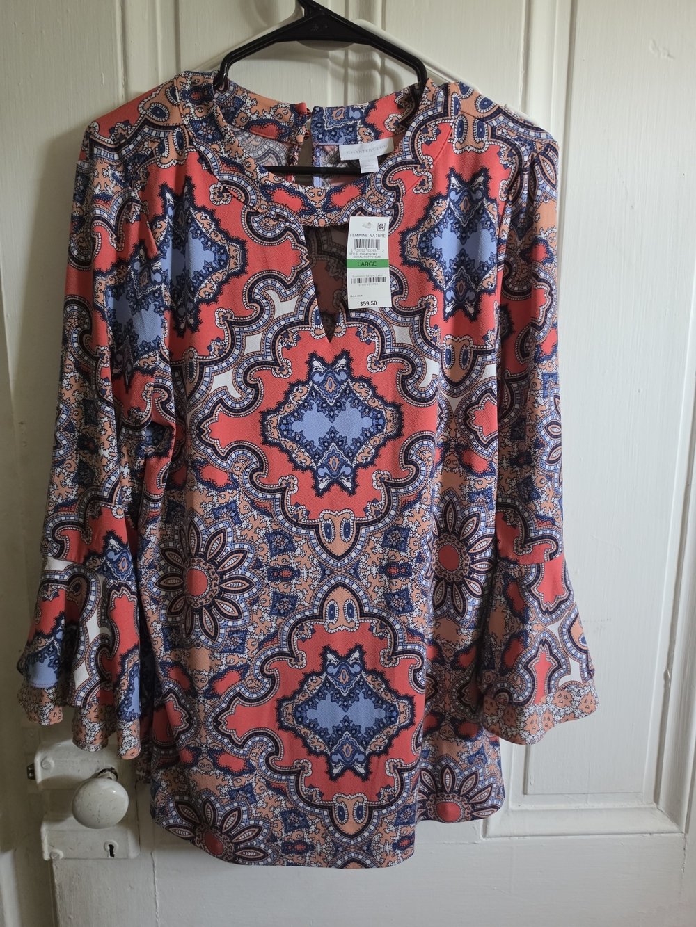 Charter Club Coral and Blue Paisley Bell-Sleeve Top